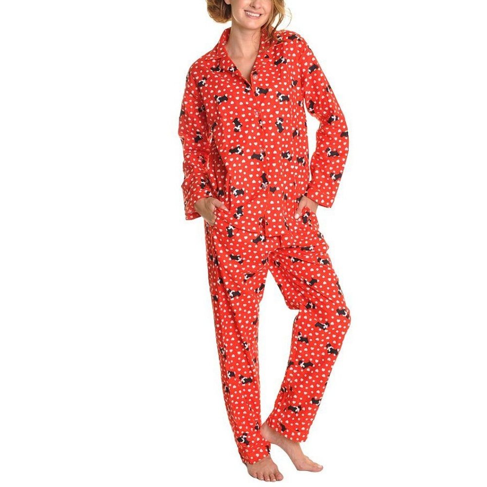 Angelina Women's Premium 100% Cotton Red Scotch Long Sleeve (2-PC) Pajama Set